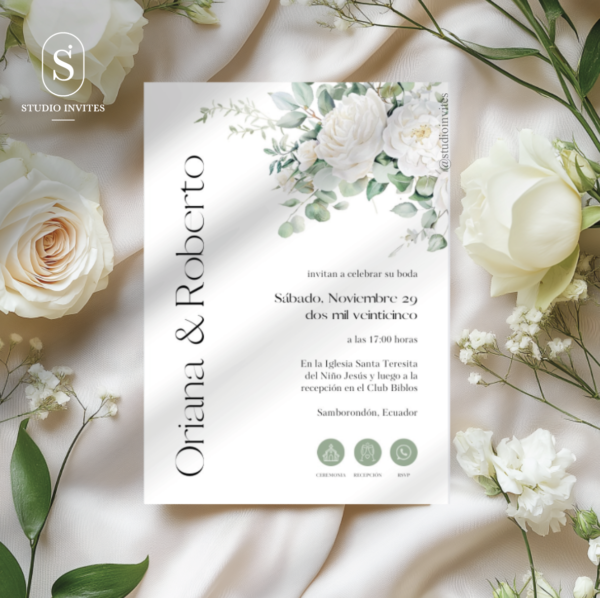 INVITACIÓN DIGITAL - BODA - WHITE FLOWERS AND GREEN LEAVES